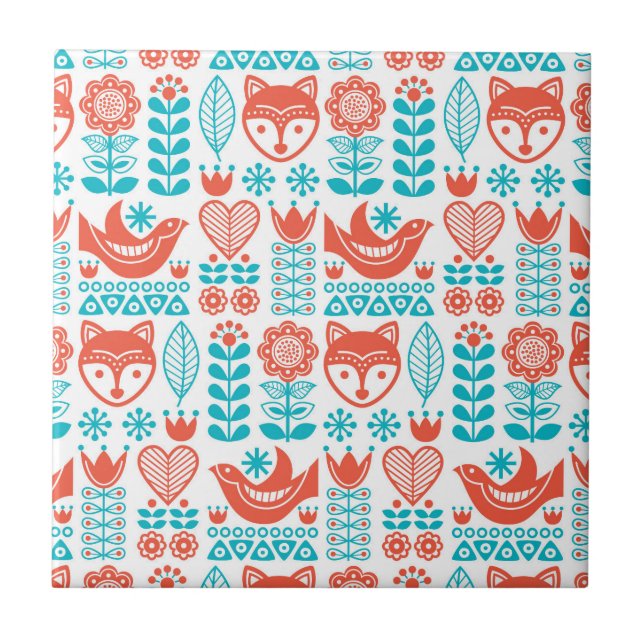 Finnish Fox & Bird Folk Art Pattern Tile (Front)