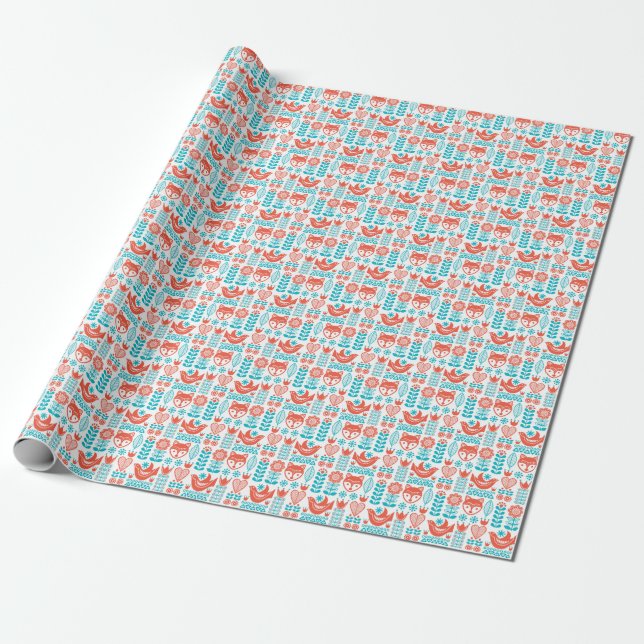 Finnish Fox & Bird Folk Art Pattern Wrapping Paper (Unrolled)