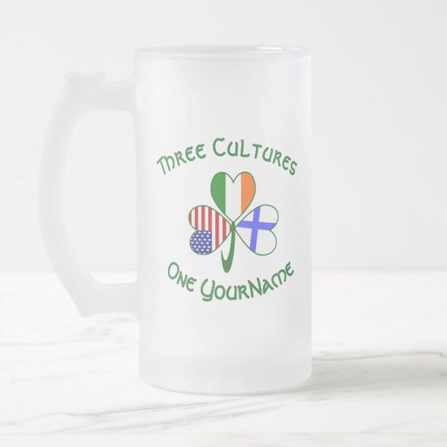 Finnish Irish American Flags Shamrock Personalised Frosted Glass Beer Mug (Left)