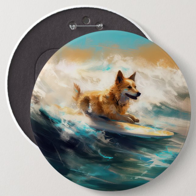Finnish Lapphund Beach Surfing Painting 6 Cm Round Badge (Front & Back)