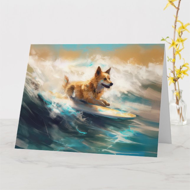 Finnish Lapphund Beach Surfing Painting Card (Yellow Flower)