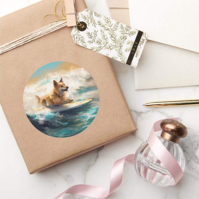 Finnish Lapphund Beach Surfing Painting Classic Round Sticker (Gifting)