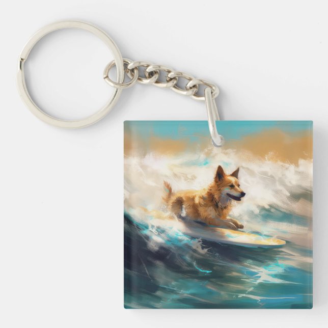 Finnish Lapphund Beach Surfing Painting Key Ring (Front)