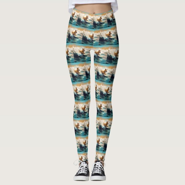 Finnish Lapphund Beach Surfing Painting Leggings (Front)