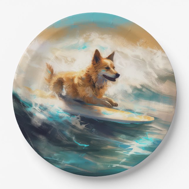Finnish Lapphund Beach Surfing Painting Paper Plate (Front)