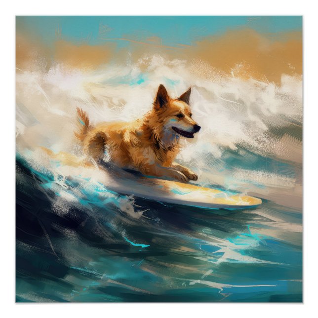 Finnish Lapphund Beach Surfing Painting Poster (Front)