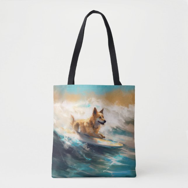 Finnish Lapphund Beach Surfing Painting Tote Bag (Front)