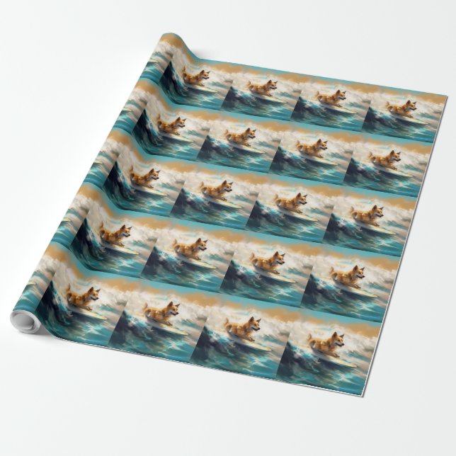 Finnish Lapphund Beach Surfing Painting Wrapping Paper (Unrolled)