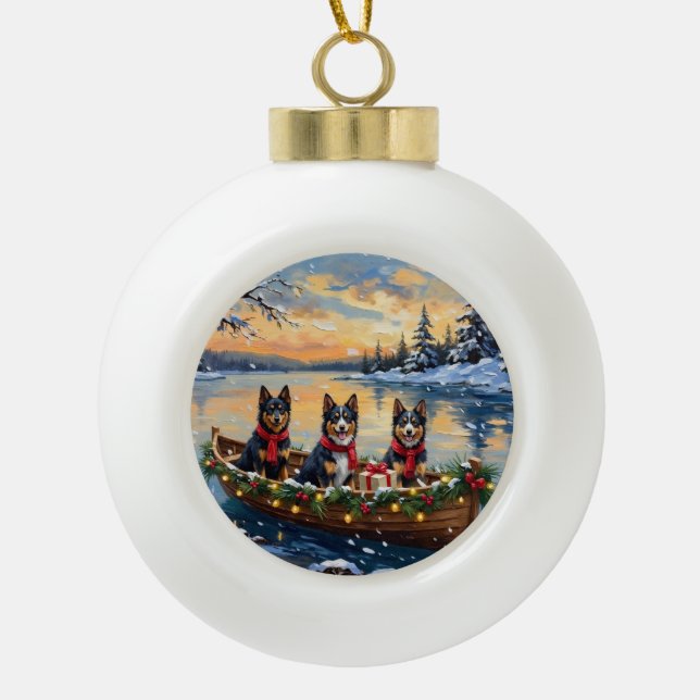 Finnish Lapphund Christmas Boat Holiday Ceramic Ball Christmas Ornament (Front)