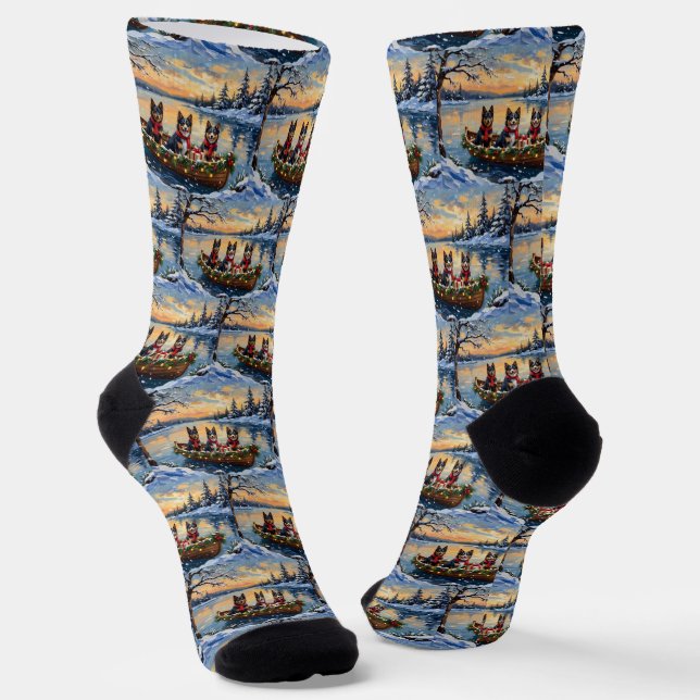 Finnish Lapphund Christmas Boat Holiday Socks (Angled)