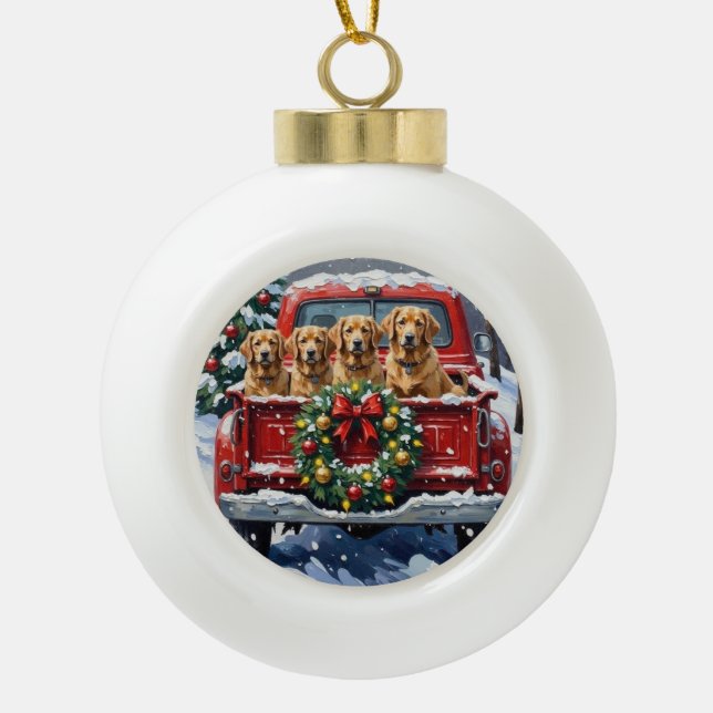 Finnish Lapphund Christmas Red Truck Holiday Ceramic Ball Christmas Ornament (Front)