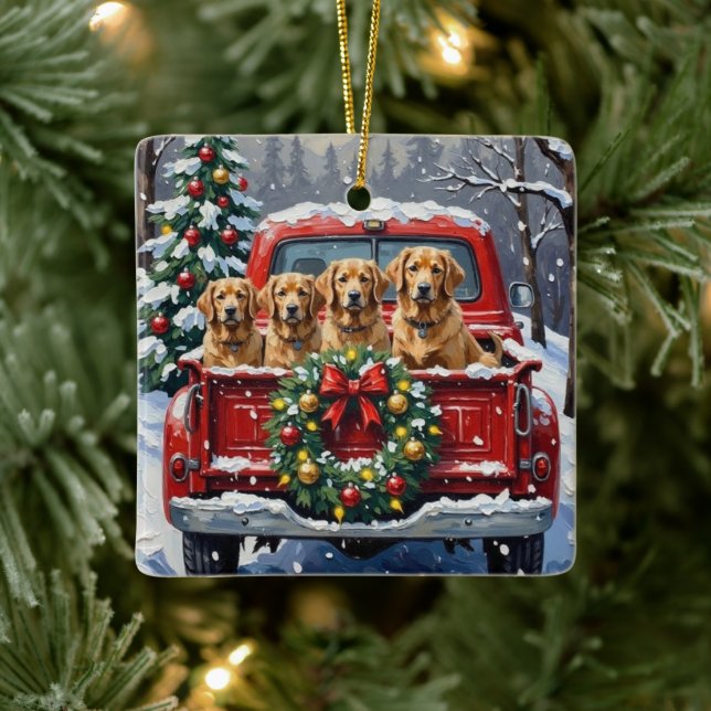 Finnish Lapphund Christmas Red Truck Holiday Ceramic Ornament (Tree)