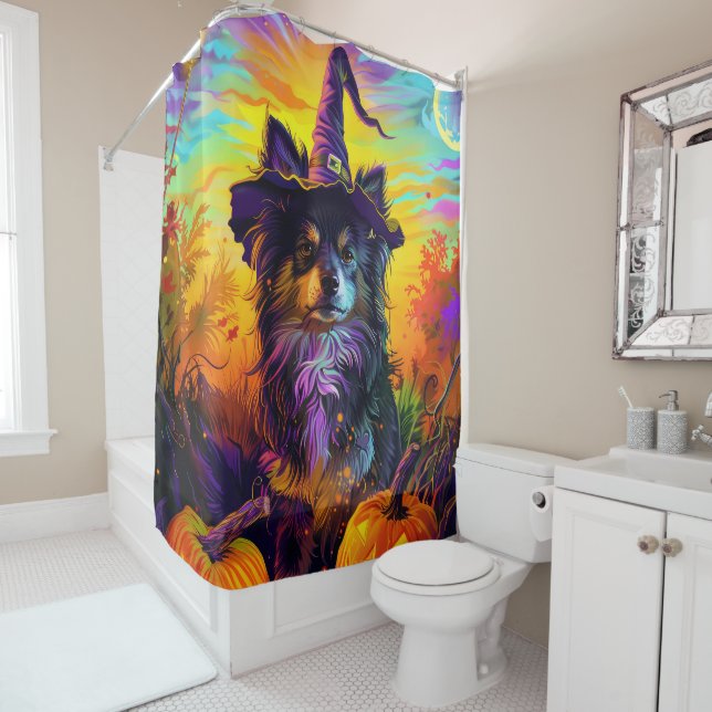 Finnish Lapphund Dog Halloween Witch And Pumpkin Shower Curtain (In Situ)