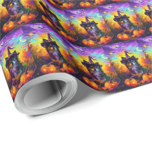 Finnish Lapphund Dog Halloween Witch And Pumpkin Wrapping Paper