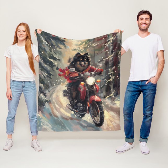 Finnish Lapphund Dog Riding Motorcycle Christmas  Fleece Blanket (In Situ)