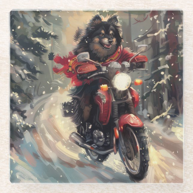 Finnish Lapphund Dog Riding Motorcycle Christmas  Glass Coaster (Front)