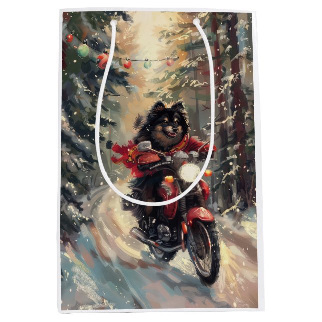 Finnish Lapphund Dog Riding Motorcycle Christmas  Medium Gift Bag (Front)
