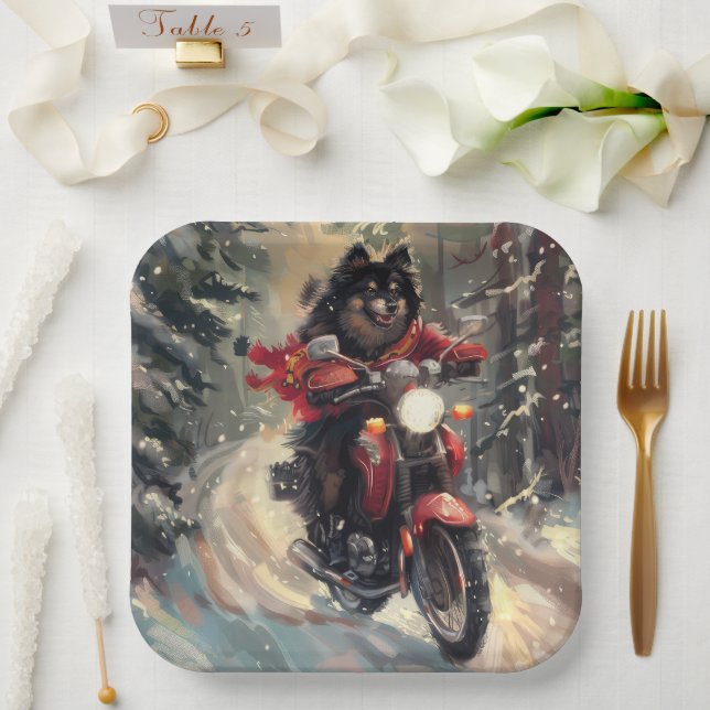 Finnish Lapphund Dog Riding Motorcycle Christmas  Paper Plate (Wedding)