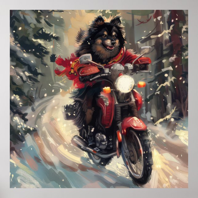 Finnish Lapphund Dog Riding Motorcycle Christmas  Poster (Front)