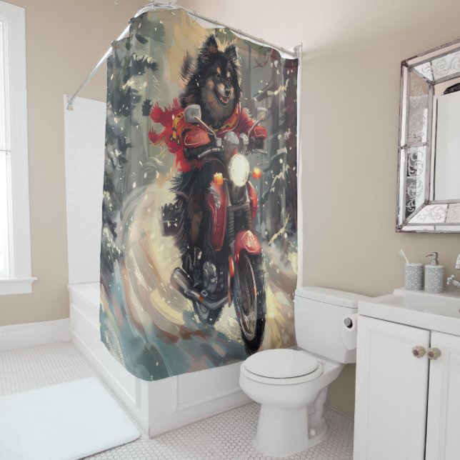 Finnish Lapphund Dog Riding Motorcycle Christmas  Shower Curtain (In Situ)