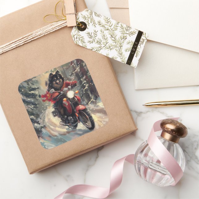 Finnish Lapphund Dog Riding Motorcycle Christmas  Square Sticker (Gifting)