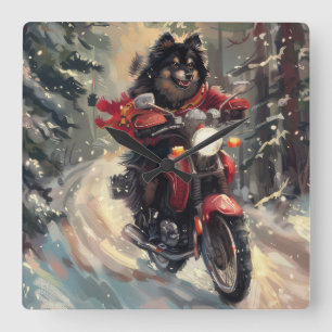 Finnish Lapphund Dog Riding Motorcycle Christmas Square Wall Clock
