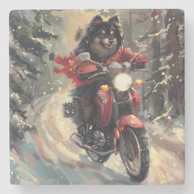 Finnish Lapphund Dog Riding Motorcycle Christmas  Stone Coaster (Front)