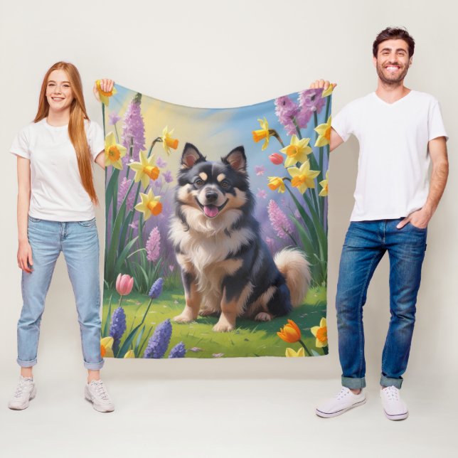 Finnish Lapphund Dog Spring Flowers Painting Fleece Blanket (In Situ)