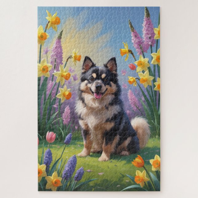 Finnish Lapphund Dog Spring Flowers Painting Jigsaw Puzzle (Vertical)