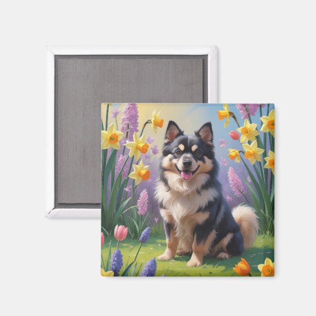 Finnish Lapphund Dog Spring Flowers Painting Magnet (Front/Back)