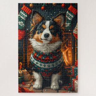Finnish Lapphund Dog With Christmas Gift Fireplace Jigsaw Puzzle