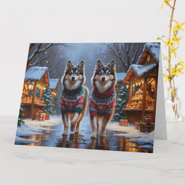 Finnish Lapphund Dogs Christmas Snow Holiday Card (Yellow Flower)