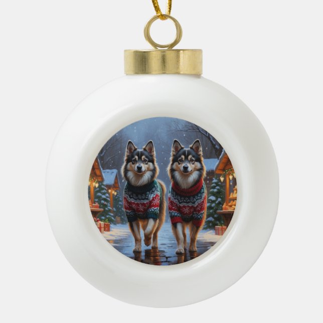 Finnish Lapphund Dogs Christmas Snow Holiday Ceramic Ball Christmas Ornament (Front)