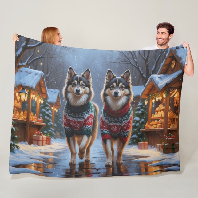 Finnish Lapphund Dogs Christmas Snow Holiday Fleece Blanket (In Situ)