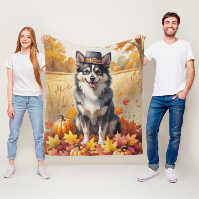 Finnish Lapphund In Autumn Leaves Thanksgiving Art Fleece Blanket (In Situ)
