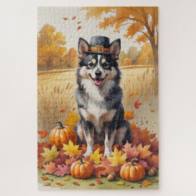 Finnish Lapphund In Autumn Leaves Thanksgiving Art Jigsaw Puzzle (Vertical)