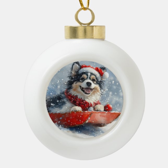 Finnish Lapphund in Sledge Let it Snow Christmas Ceramic Ball Christmas Ornament (Front)