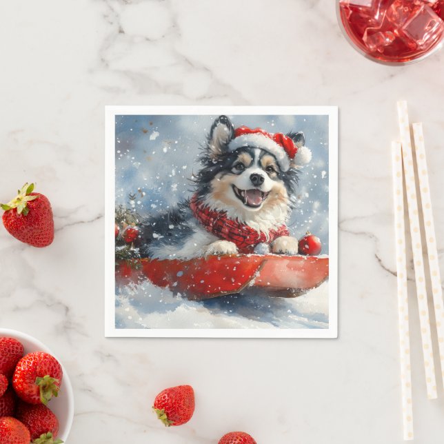 Finnish Lapphund in Sledge Let it Snow Christmas Napkin (Insitu)