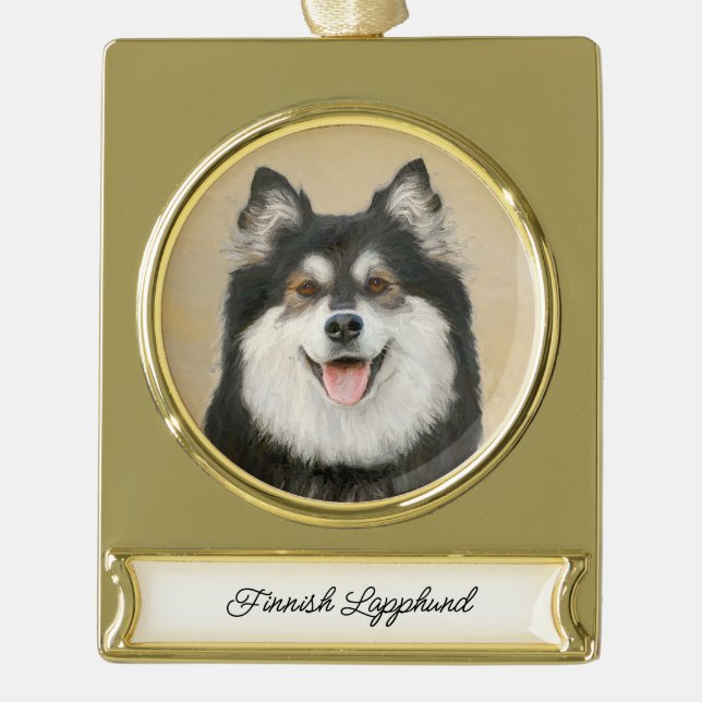 Finnish Lapphund Painting - Cute Original Dog Art Gold Plated Banner Ornament (Front)