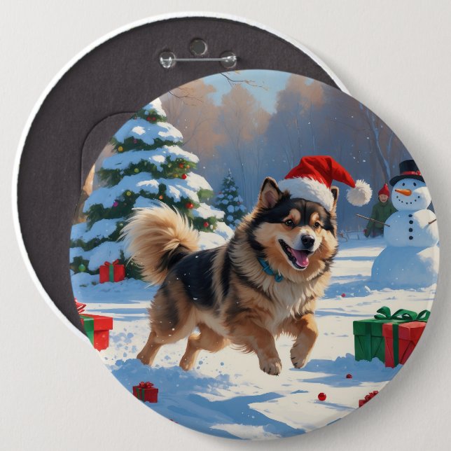 Finnish Lapphund Running Snow with Christmas Hat 6 Cm Round Badge (Front & Back)