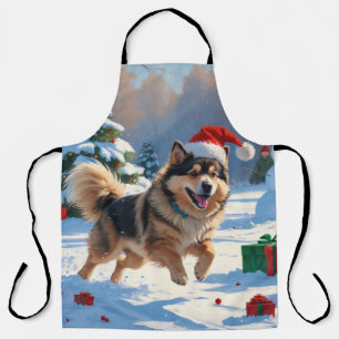 Finnish Lapphund Running Snow with Christmas Hat Apron