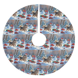 Finnish Lapphund Running Snow with Christmas Hat Brushed Polyester Tree Skirt