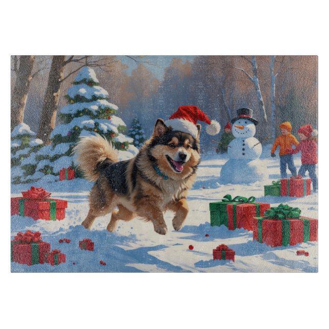 Finnish Lapphund Running Snow with Christmas Hat Cutting Board (Front)