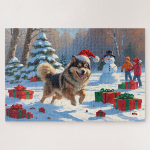 Finnish Lapphund Running Snow with Christmas Hat Jigsaw Puzzle