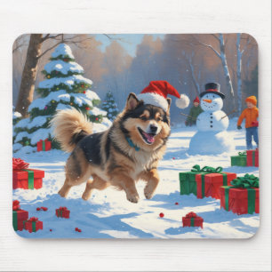 Finnish Lapphund Running Snow with Christmas Hat Mouse Mat