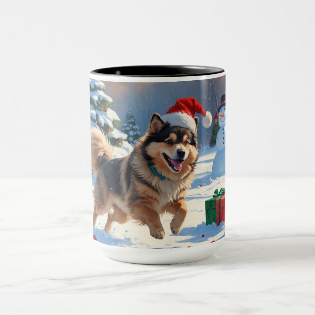 Finnish Lapphund Running Snow with Christmas Hat Mug (Center)
