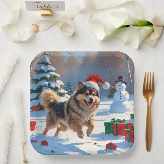 Finnish Lapphund Running Snow with Christmas Hat Paper Plate (Wedding)