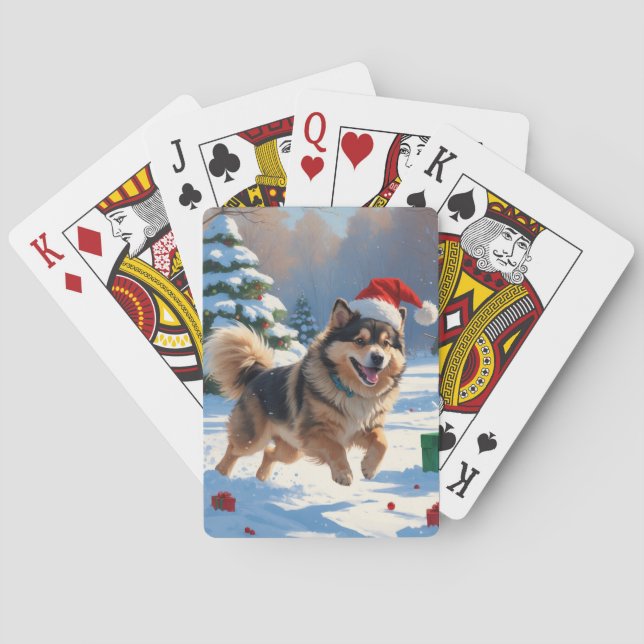 Finnish Lapphund Running Snow with Christmas Hat Playing Cards (Back)