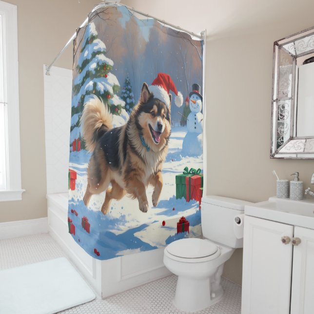 Finnish Lapphund Running Snow with Christmas Hat Shower Curtain (In Situ)