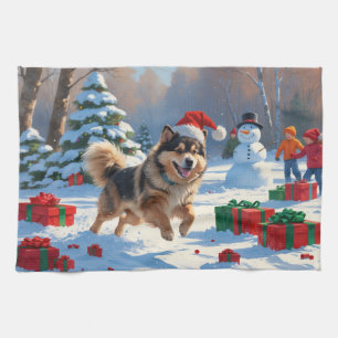 Finnish Lapphund Running Snow with Christmas Hat Tea Towel